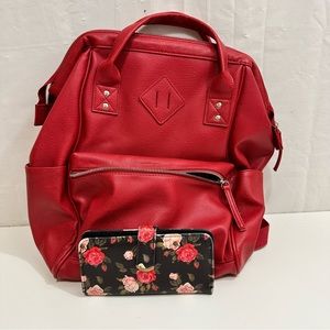 Women’s Red Leather Backpack & Floral Wallet